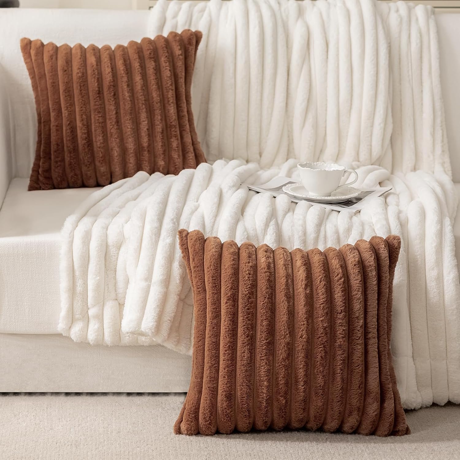 MOSAYT Fall Faux Fur Throw Pillow Covers 20x20, Set of 2, Plush Velvet Soft Pillow Case,Fluffy Striped Decorative Couch Pillow Covers for Sofa, Bedroom, Living Room(Brown) - Image 7