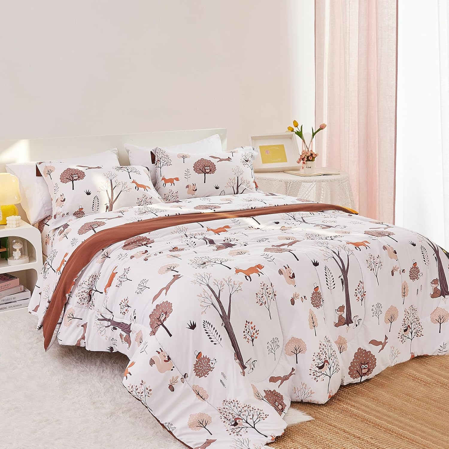 Yibeizi Kids Woodland Comforter Set for Boys Girls Twin Size, Cute Quilted Forest Animal Print Fall Bedding with Pillow Sham, Lightweight Soft Breathable Machine Camping Themed Bed Set 2 Piece