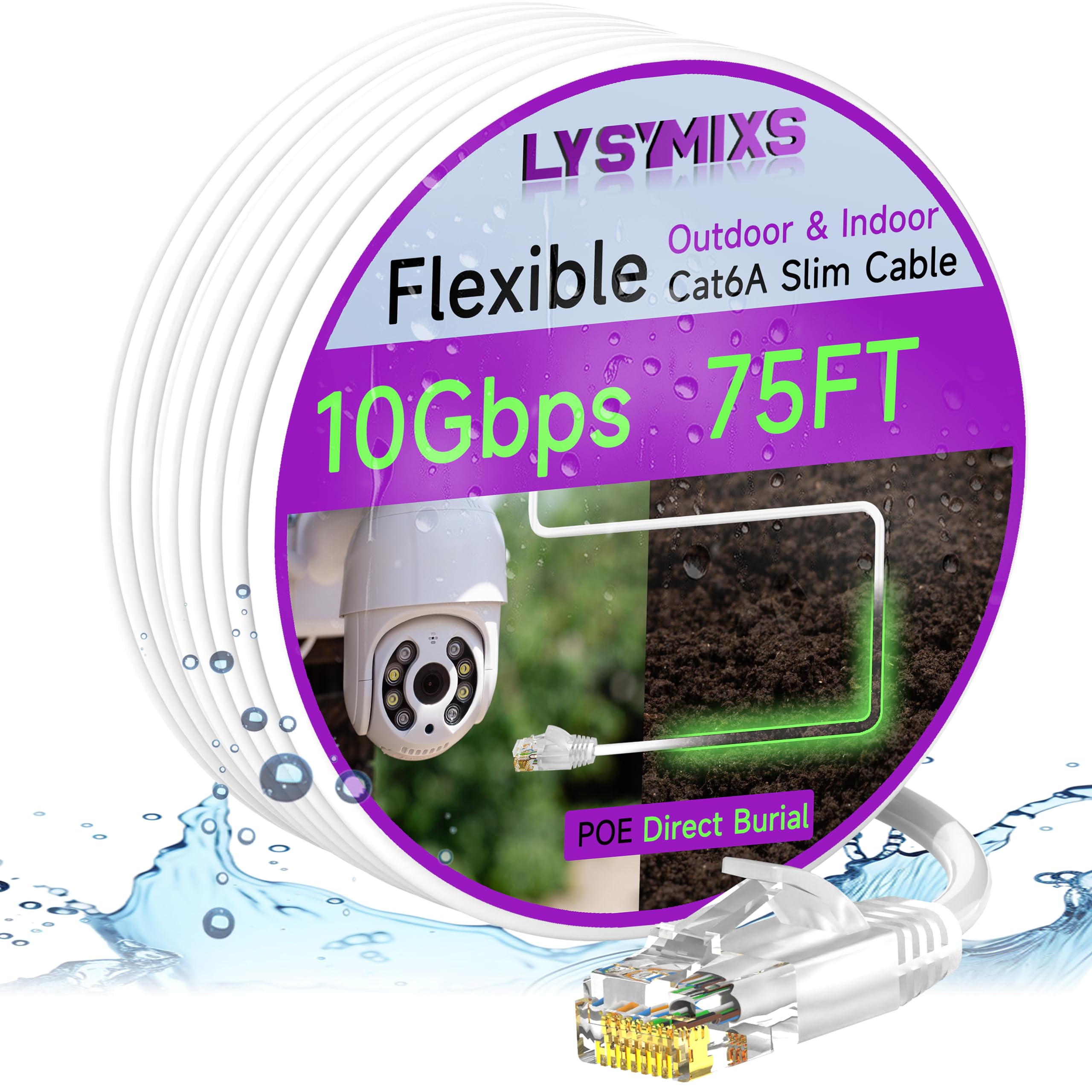 Lysymixs Cat6a Slim Ethernet Patch Cable 75ft Indoor & Outdoor, Flexible 10G Cat6 Internet Network Cable Waterproof LLDPE UV Jacket, Pure Copper Cat 6