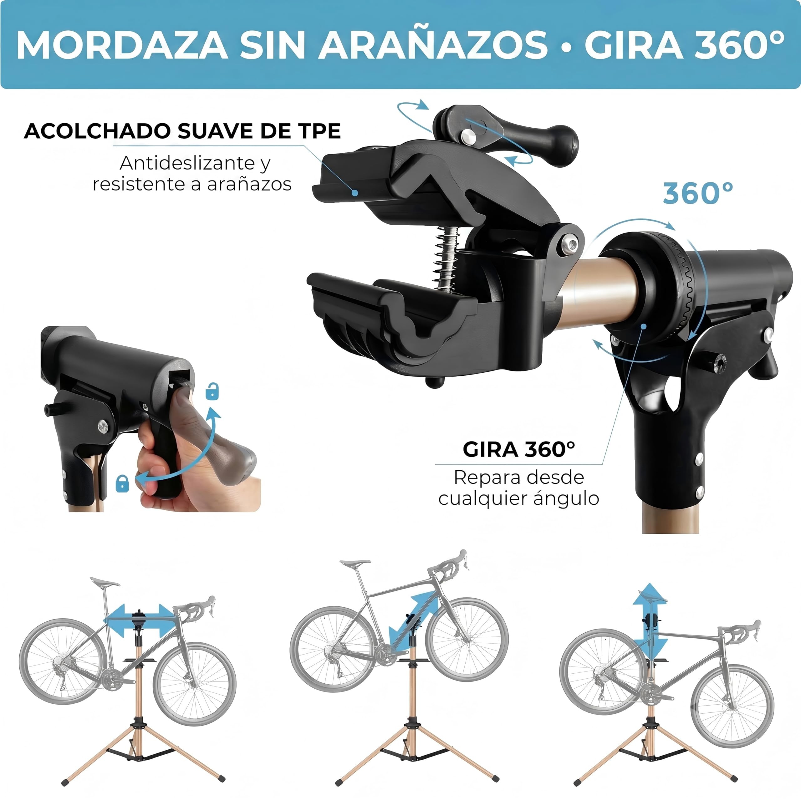 Caballetes para bicicletas de aluminio tres patas, reparación y montaje, totalmente plegable, doble cierre seguridad, diseño compacto, ultraligero, bandeja magnética de gran tamaño