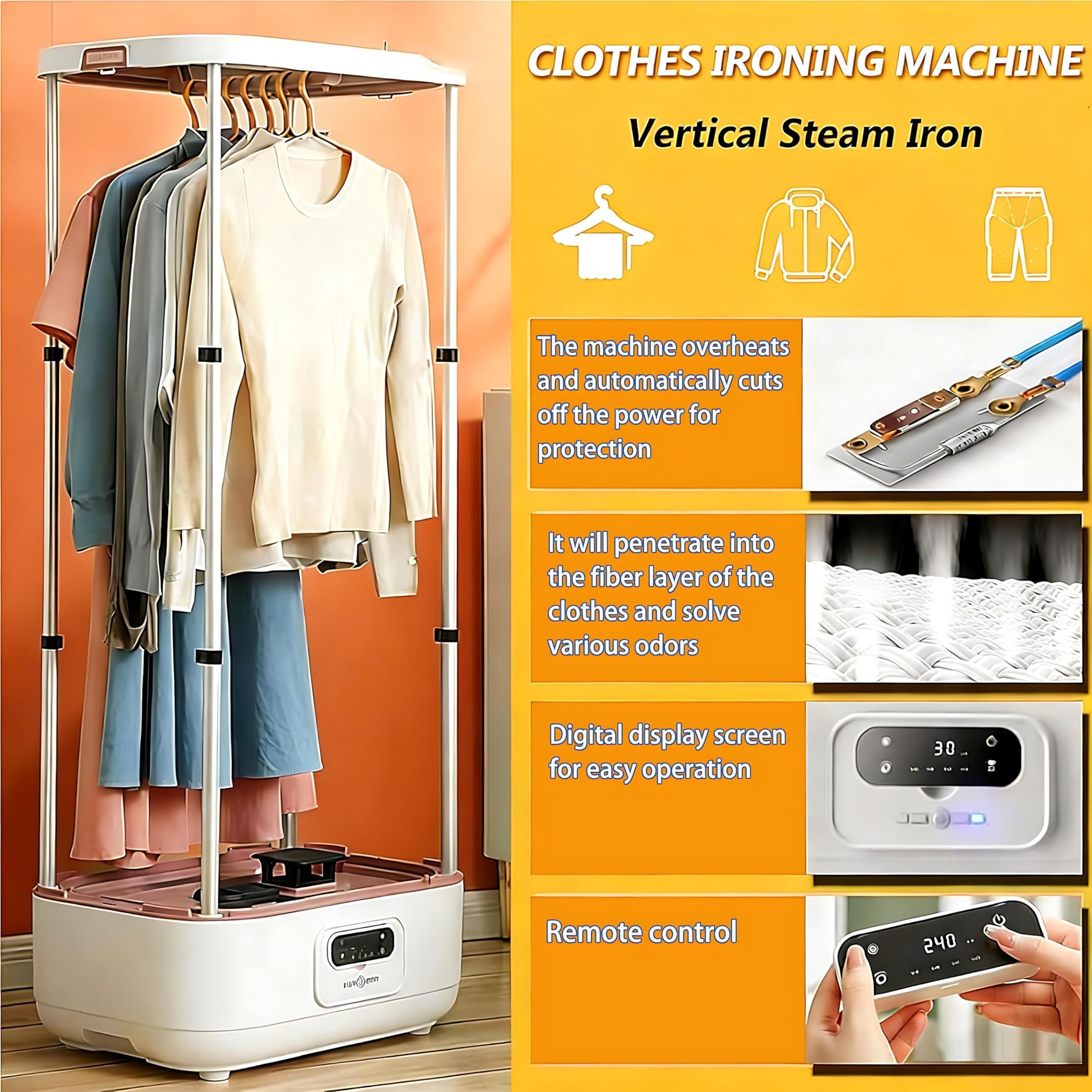 Macchina da Stiro e Piegatrice Automatica a Vapore: Asciugatrice e Vaporiera Portatile con Asta Estensibile Pieghevole (150-60cm), Telecomando - per Casa, Dormitorio e Viaggio