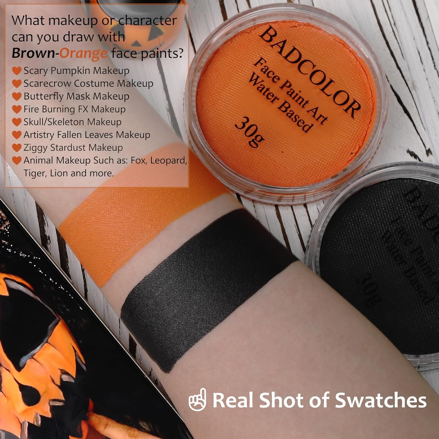 Black Orange Face Body Paint with Brushes for Pumpkin Halloween Makeup, Water Based Face Painting Kit Non-Toxic for Adults Party, Facepaint for Scarecrow Clown Tiger Lion Costume Cosplay Make-Up - Image 3