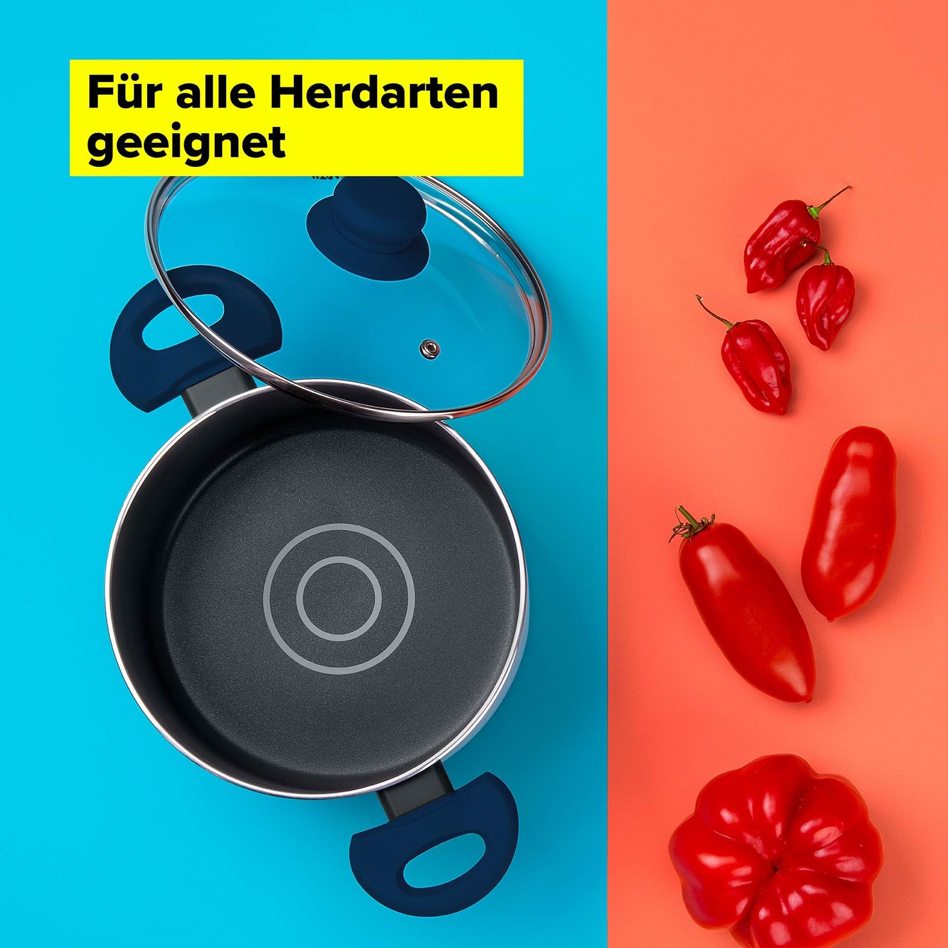 Tasty Antihaft-Kochtopf mit Glasdeckel und Öldosiersystem, 20cm, 3500ml – Gepresstes Aluminium, für alle Herdarten inkl. Induktion, spülmaschinengeeignet, Blau