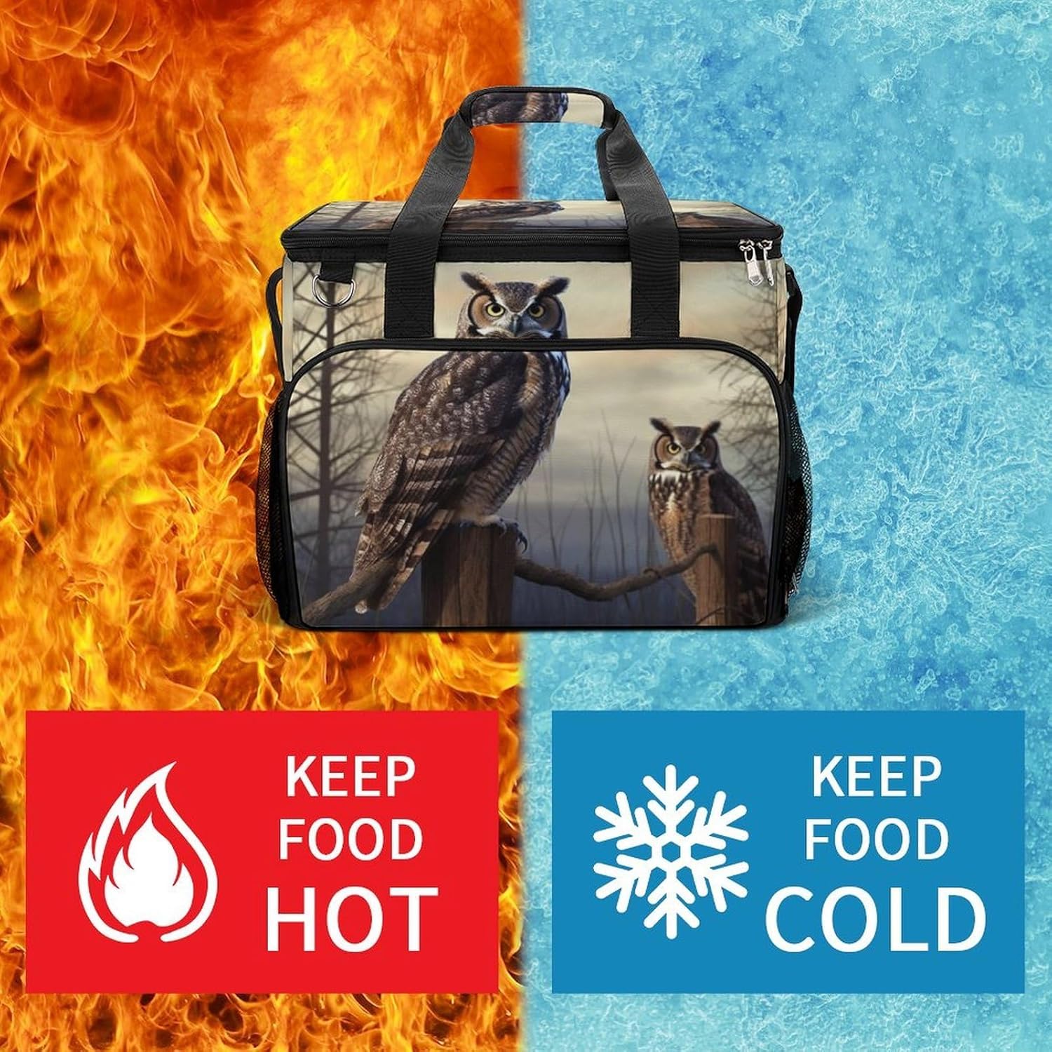 Large Capacity Oxford Cloth Owl Sitting Tree Fence Printed Camping Ice Bag, Outdoor Portable Insulation and Cooling Bag, Suitable for Outdoor Camping and Picnics