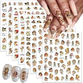 8 Sheets Cupid Angel Nail Art Stickers Cupid Nails Decals Self Adhesive Rose Flower Heart Angel Design 3D Nail Stickers Valentines Day Nails Decoration Supplies for Women DIY Manicure