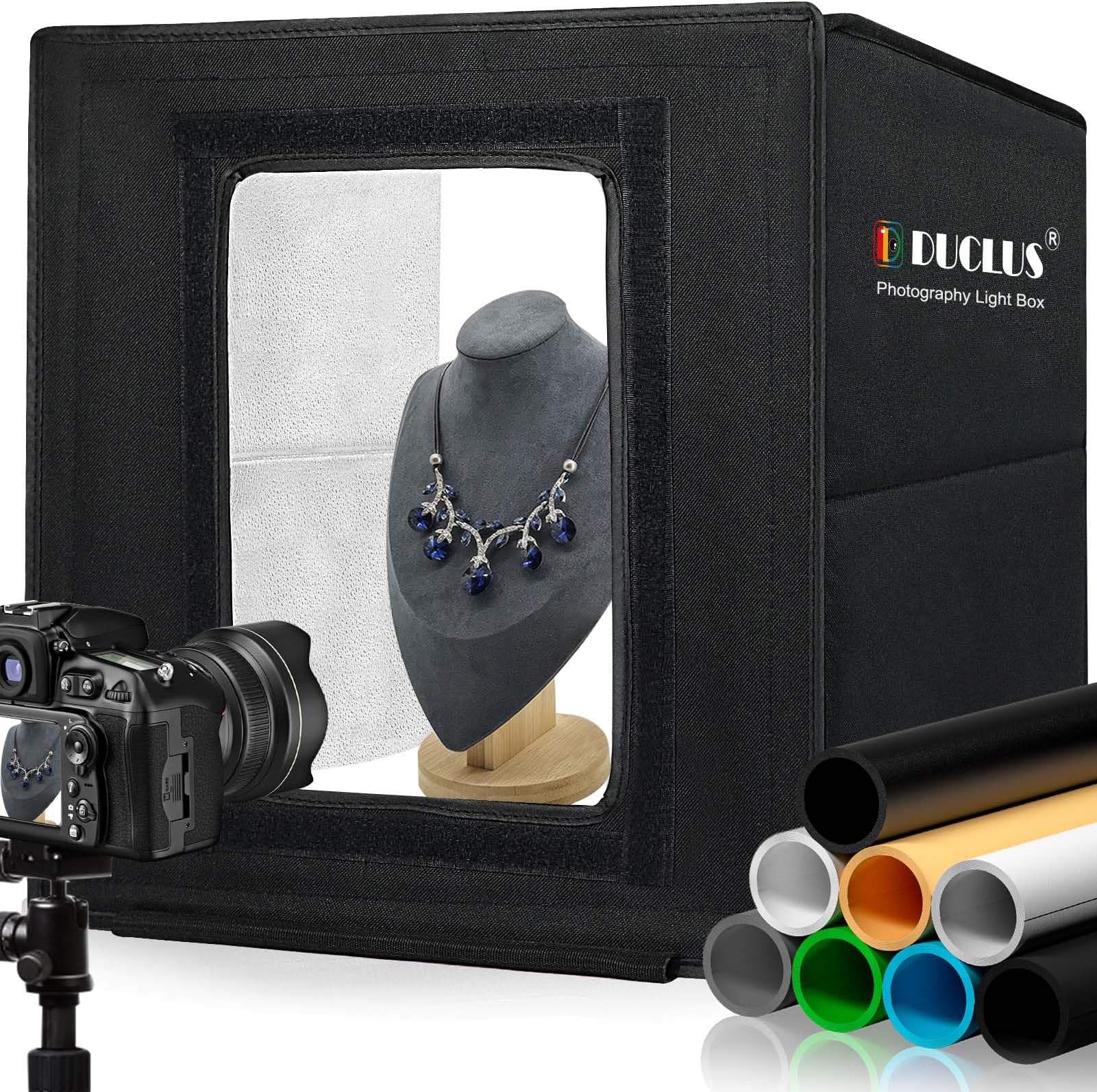 Light Box Photography 40cm / 16" x 16'', Portable Photo Booth Box with Adjustable 160 LED Lights & 8 Photo Backdrops for Product Photography