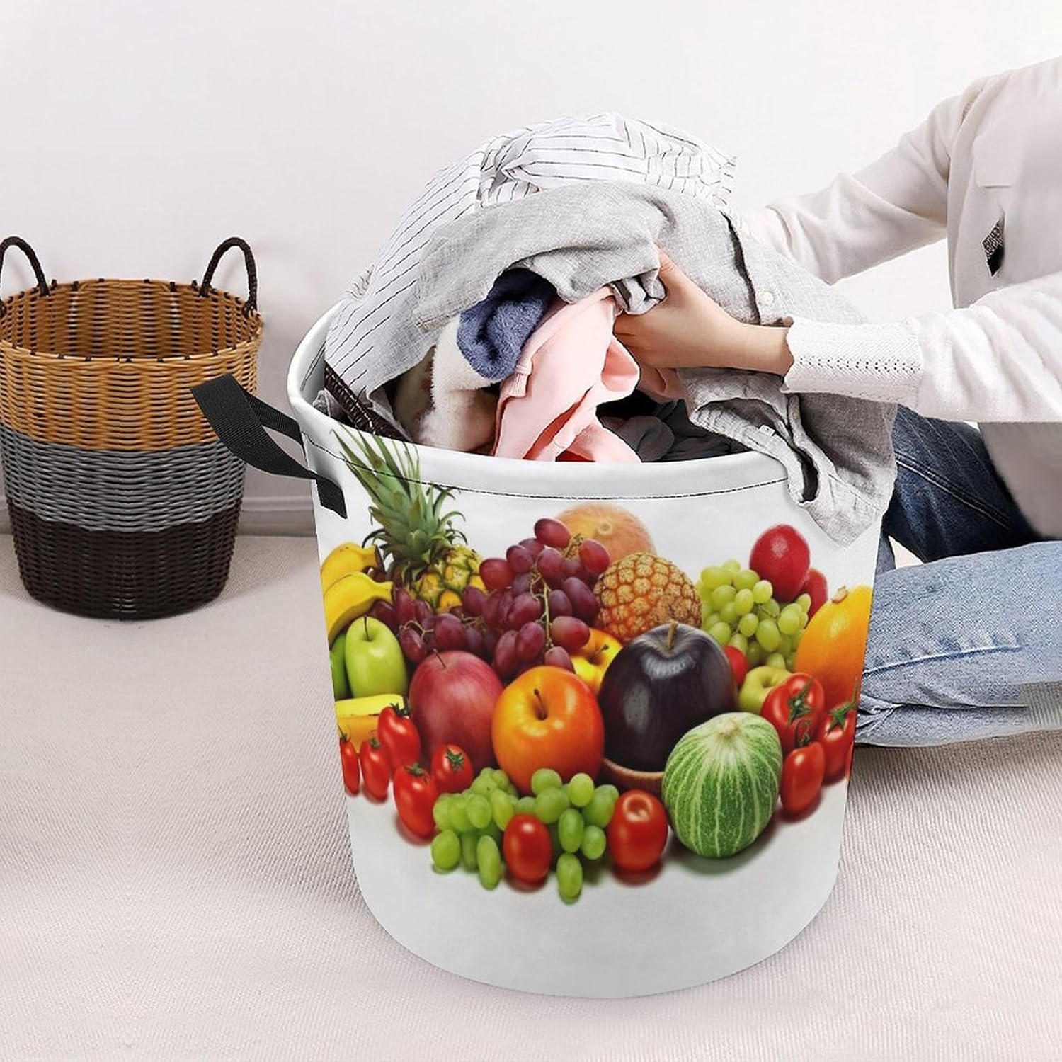 Collapsible Laundry Hamper with Handles Waterproof Dirty Clothes Hamper Variety Fresh Vegetables Fruits Laundry Bag Large Laundry Basket for Toys Clothes Organizer Bag