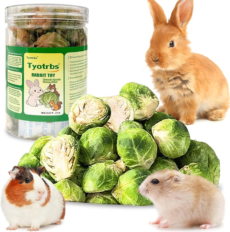 Rabbit Chew Treats, Bunny Toy for Rabbit Boredom and Teeth Health,Freeze Dried Brussels Sprouts Rabbit and Hamster Chew Treats Resealable Jar for Bunny Guinea Pigs Groundhogs Natural Fiber Vitamin