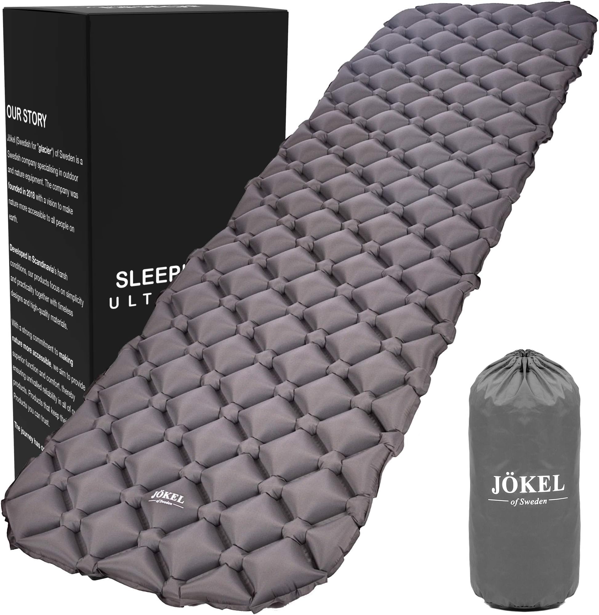 JÖKEL Sleeping Mat Ultralight Inflatable Camping Mattress, Comfortable Roll Mats, Grey Lightweight Compact Air Pad, Portable & Folding Inflating Single Bed, for Hiking Hammock Tent & Backpacking