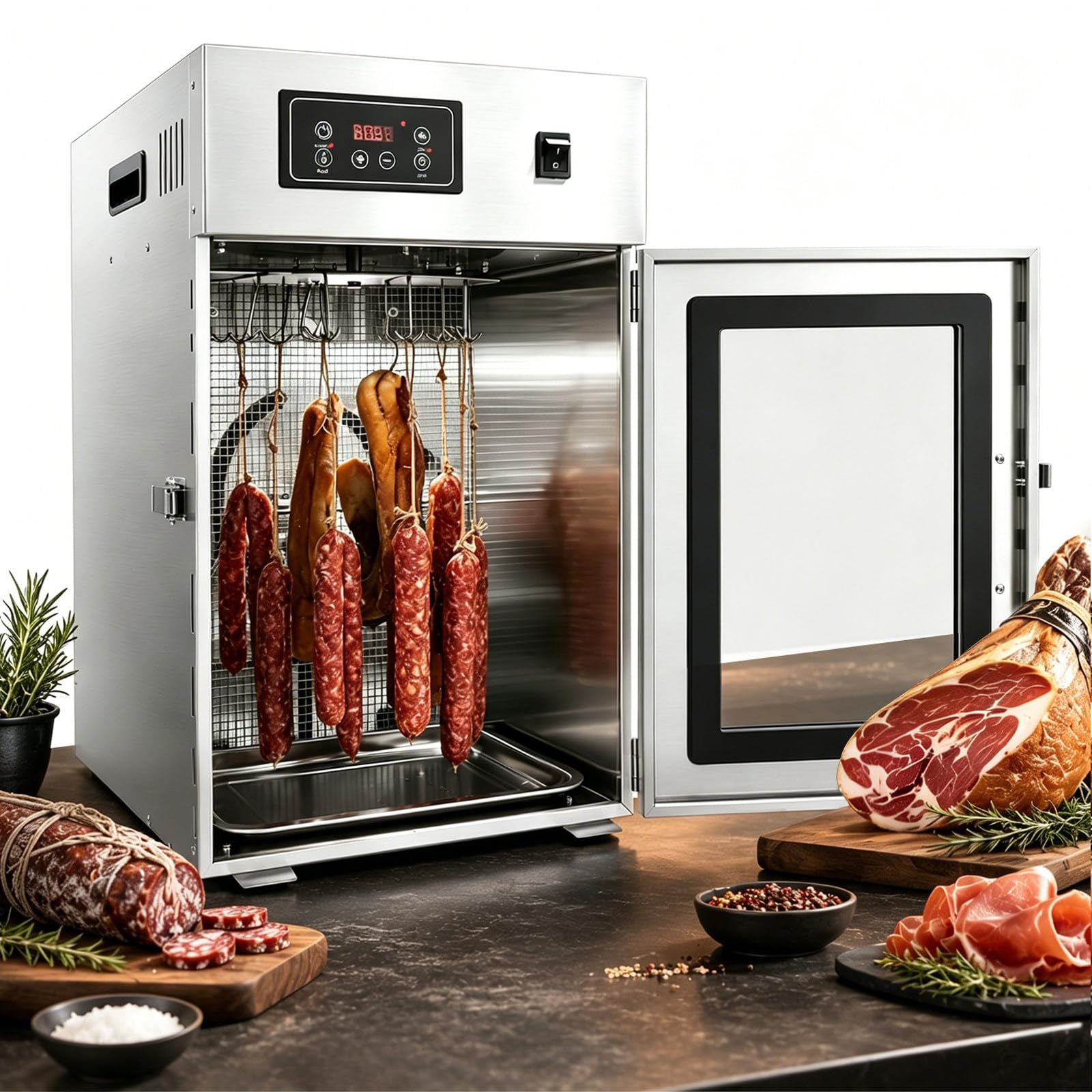 Fleischtrockner & Dörrautomat, Edelstahl Reifeschrank mit 360° Luftzirkulation, 30-90℃ Temperaturregelung, 24h Timer, 7,5 kg Kapazität für Wurst, Beef Jerky, Speck und Pökelfleisch