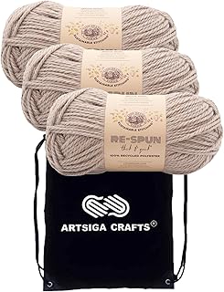 Lion Brand Knitting Yarn Re-Spun Thick & Quick Yarn Hazelwood 843-124 (3-Skeins) Same Dye Lot Weight S Bulky #6 Soft 100% Recycled Polyester with Knitting Project Bag