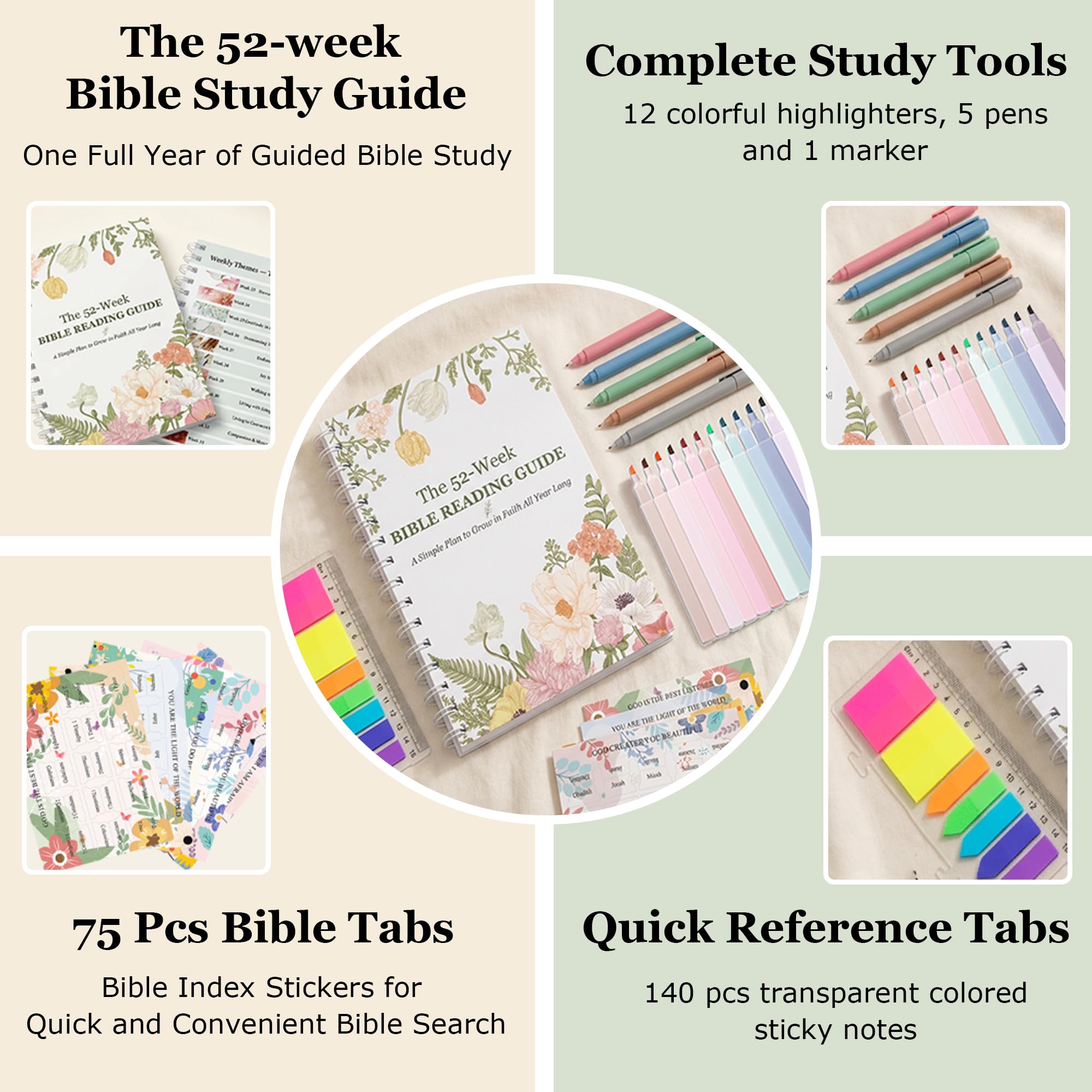 Kit de diario de estudio bíblico de 52 semanas para mujeres, planificador de lectura y reflexión de las Escrituras de un año, cuaderno devocional cristiano con resaltadores, bolígrafos y pestañas de