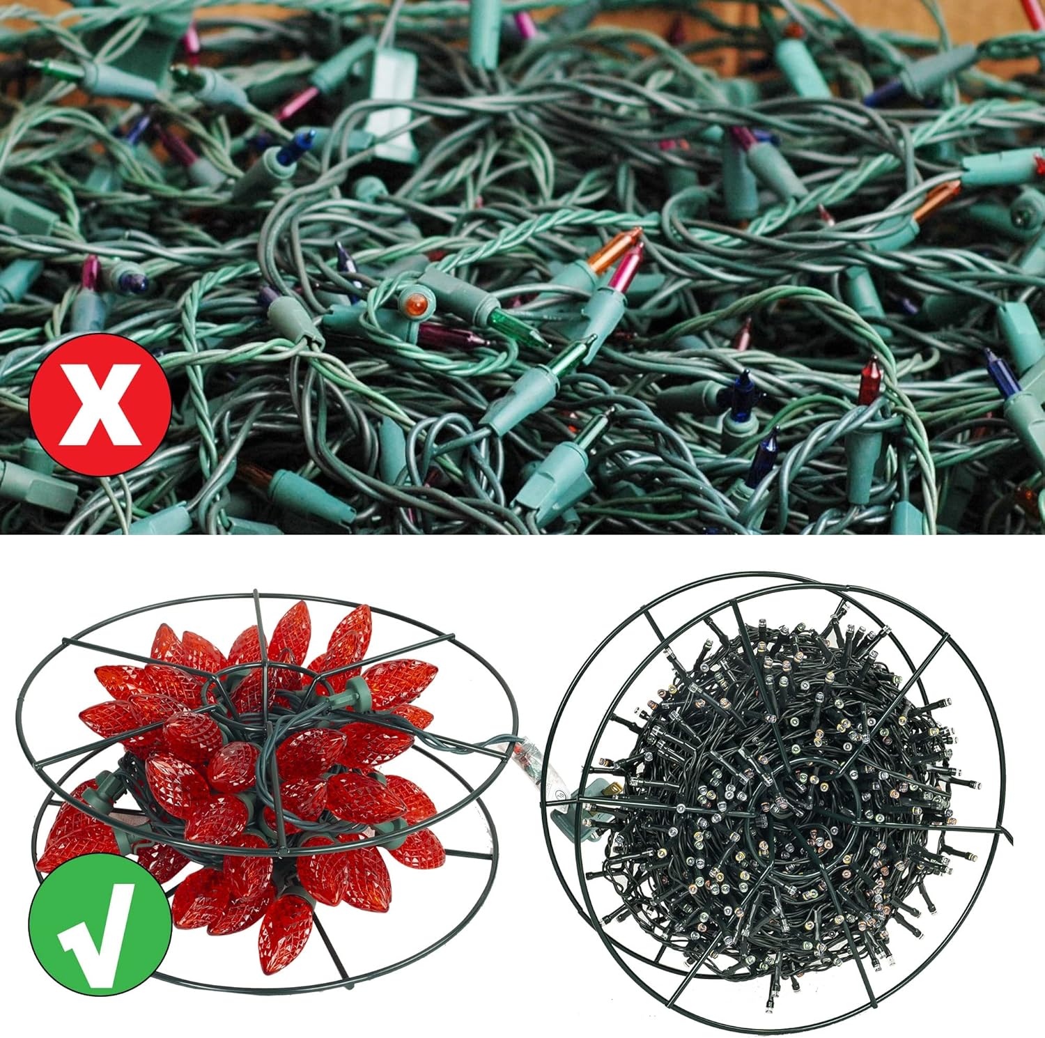 Dazzle Bright Christmas Lights Storage Bags, 3 Metal Reels to Store Holiday Christmas String Lights, Red Tear Proof Oxford Fabric Zip up Bag with Reinforced Handles
