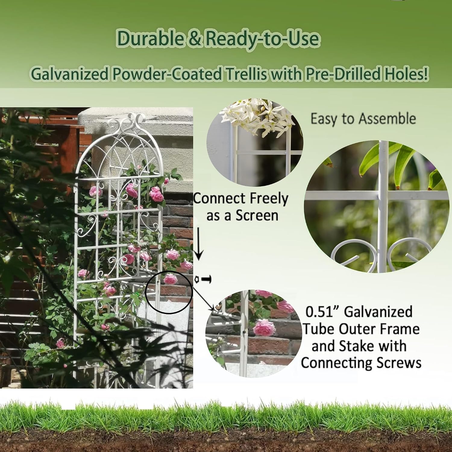 4 Pack 86.7" H Metal Garden Tall Trellis for Climbing Plants Outdoor,Large Heavy-Duty Outdoor Flower Plant Support for Roses Vines,Rustproof Galvanized Powder-Coated Frame with Scrollwork Decor