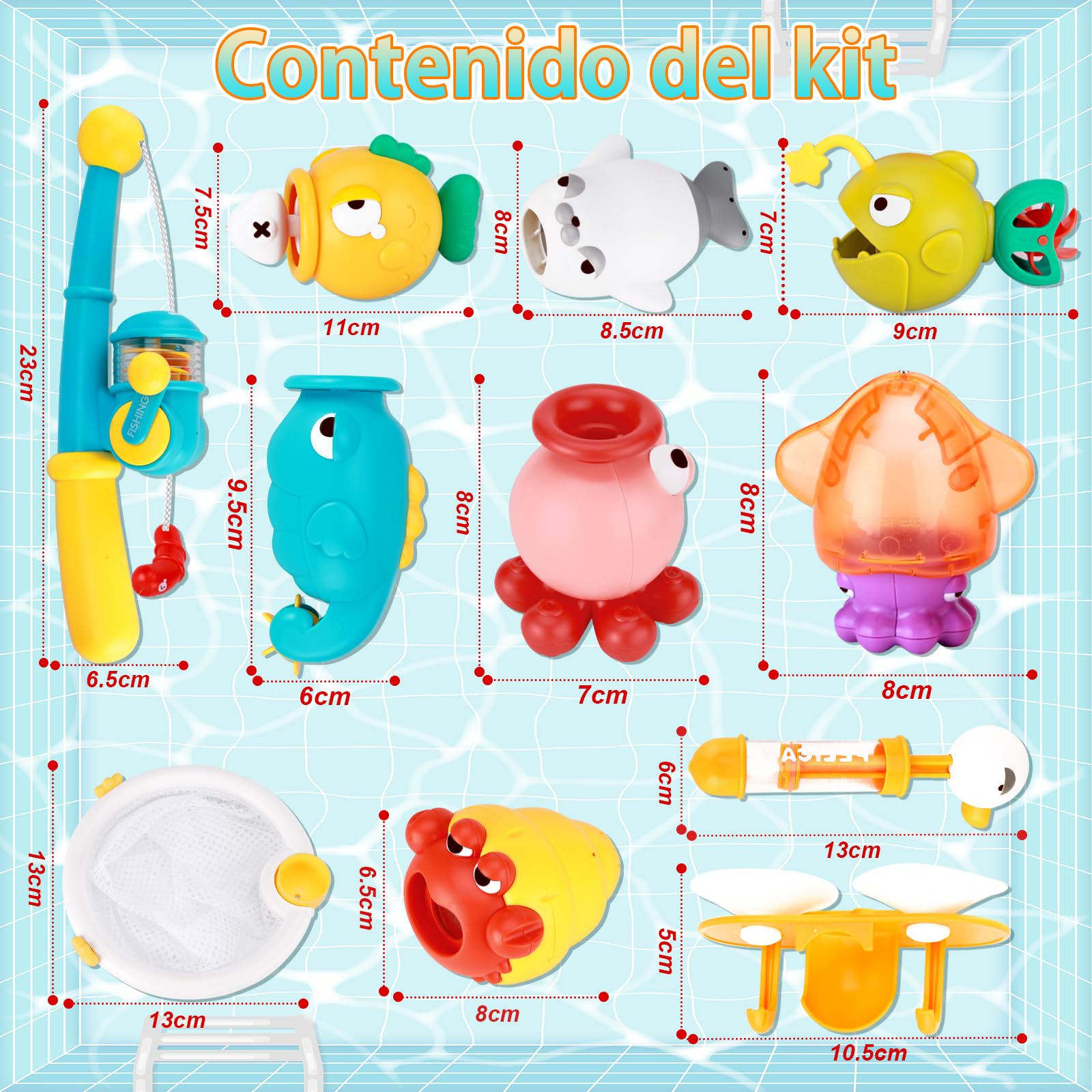 VBACALA Juguetes de Baño Bebe de 1 2 3 Años,Juguete de Bañera Juego de Pesca, Juguetes Baño con Cañas de Pescar Pistolas de Agua Red de Pesca Imán Peces Agua Juguete Niños Juguete Regalo Niña Niño