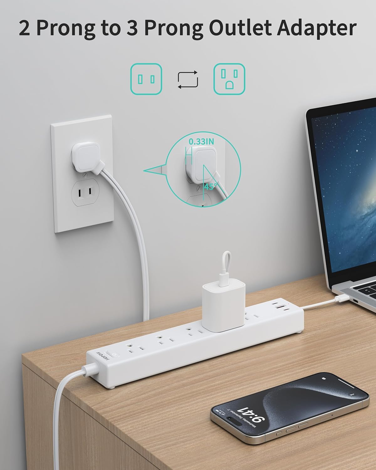 HOPOW 2 Prong Power Strip, 2 to 3 Prong Outlet Adapter with 1700J Surge Protection, 6ft Two Prong Extension Cord, 5 AC Outlets & 3 USB(5V 3.4A Max), Wall Mount for Non-Grounded Outlet, White 3 81PIicDZJ0L. AC SL1500