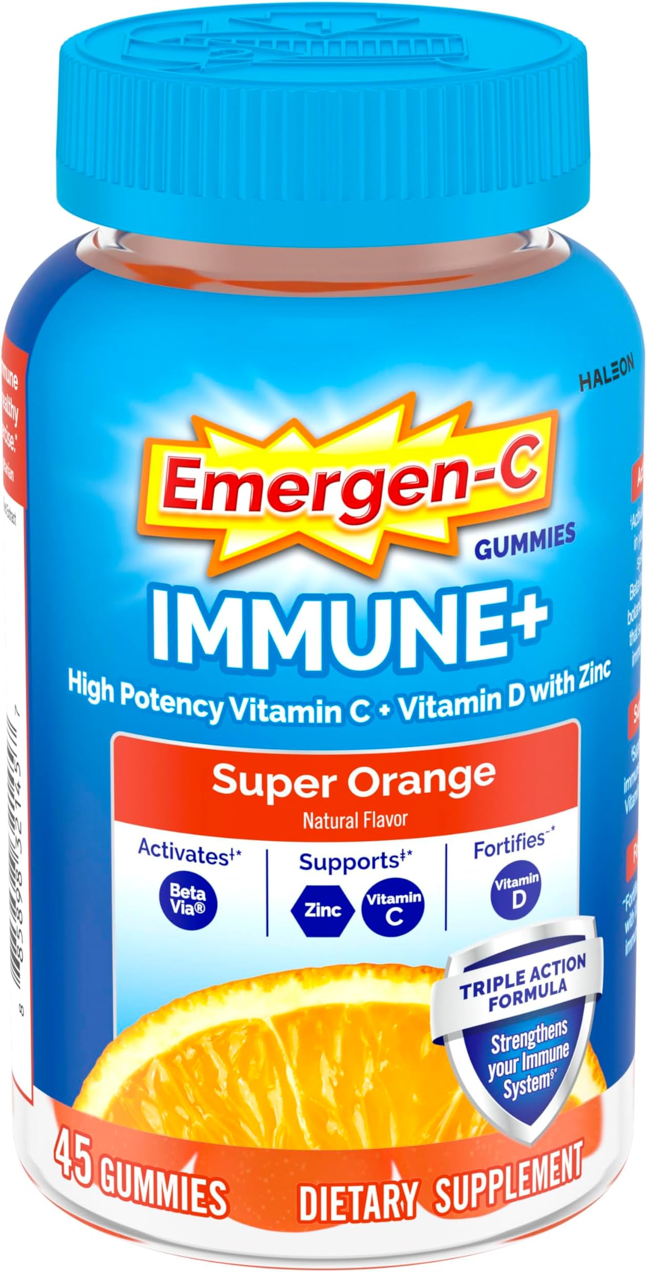 Immune+ Immune Gummies, Vitamin D plus 750 mg Vitamin C, Immune Support Dietary Supplement, Caffeine Free, Gluten Free, Super Orange Flavor - 45 Count