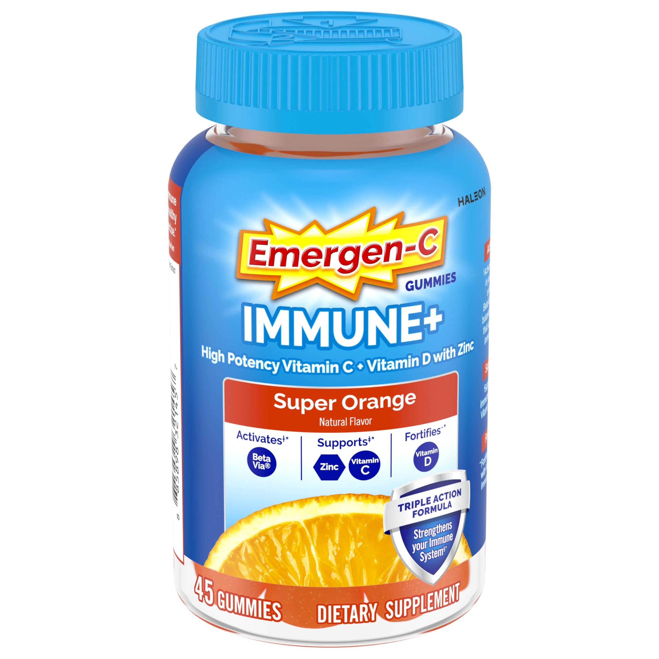 Emergen-C Immune+ Immune Gummies, Vitamin D plus 750 mg Vitamin C, Immune Support Dietary Supplement, Caffeine Free, Gluten Free, Super Orange Flavor - 45 Count