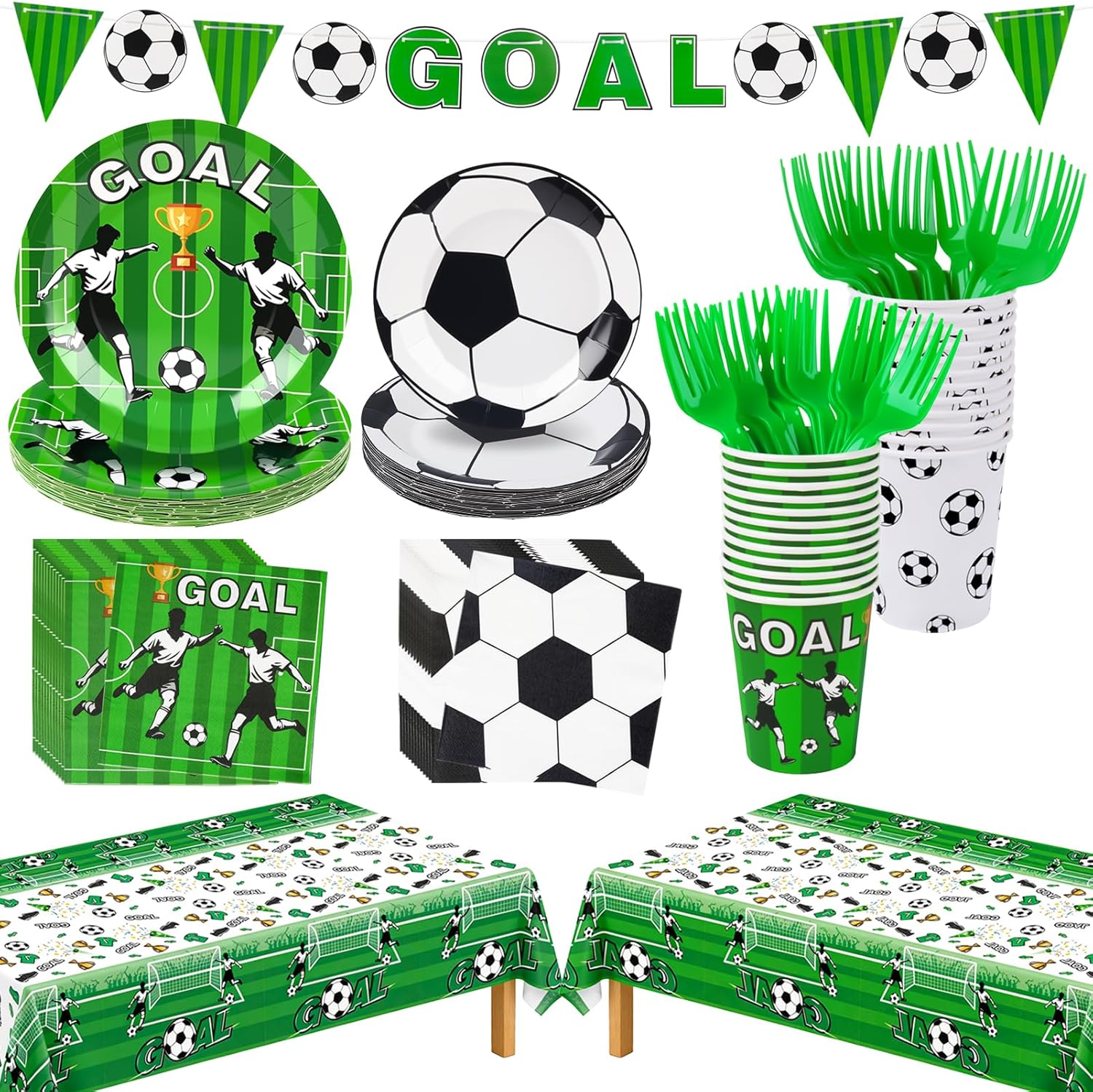 123PCS Soccer Party Decorations - World Cup Theme Soccer Birthday Party Decorations, Serves 24, Soccer Plates and Napkins with Banner & Tablecloth for Fans