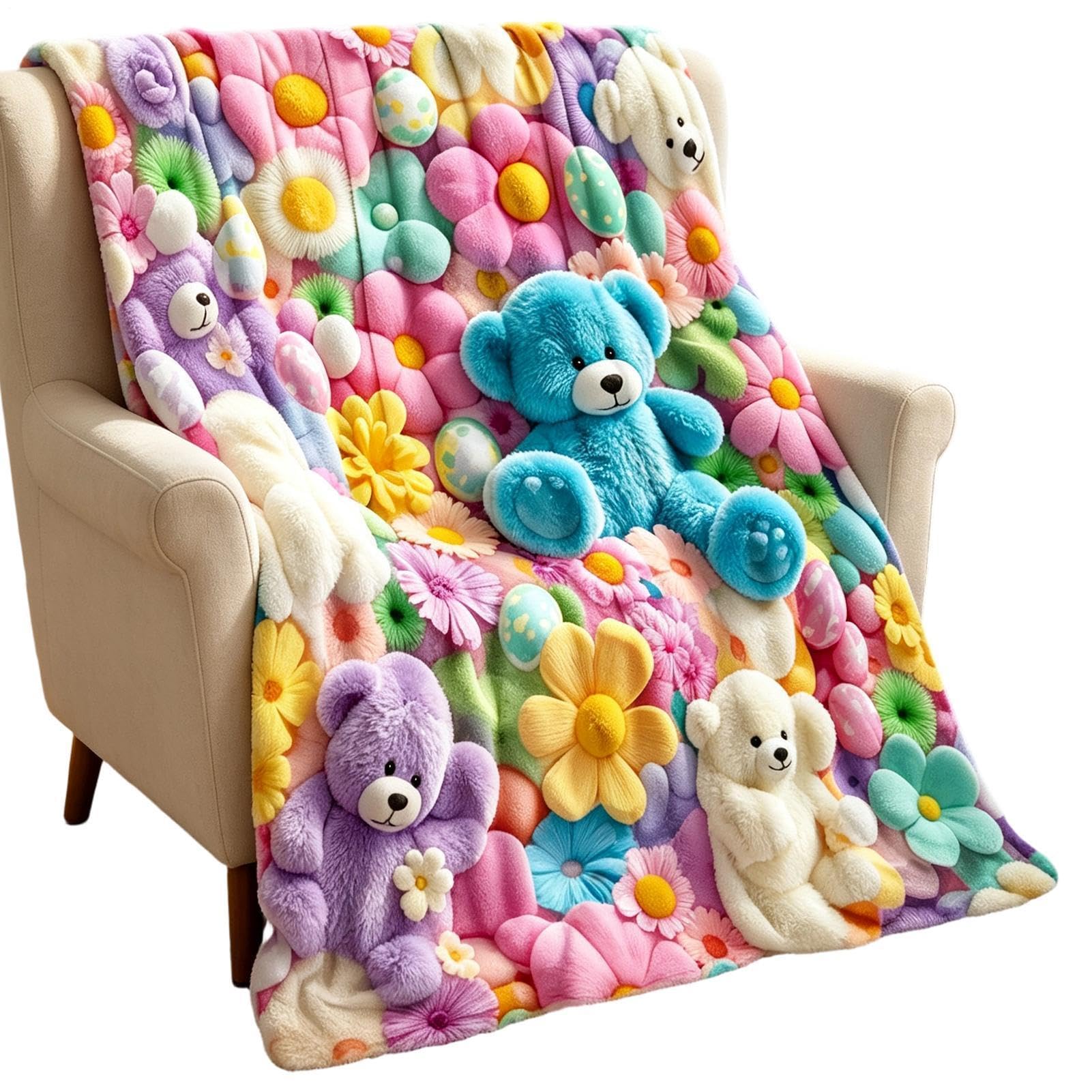 Pastel Blanket - Floral Bear Design, Soft Flannel Throw, Warm Home Decorati