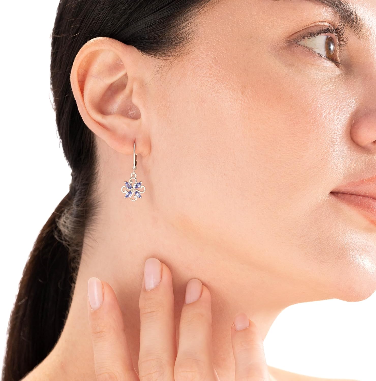 Silvershake Marquise Shape Gemstone White Gold Plated or Yellow Gold Plated 925 Sterling Silver Flower Victorian Style Leverback Dangle Earrings Jewelry for Wo
