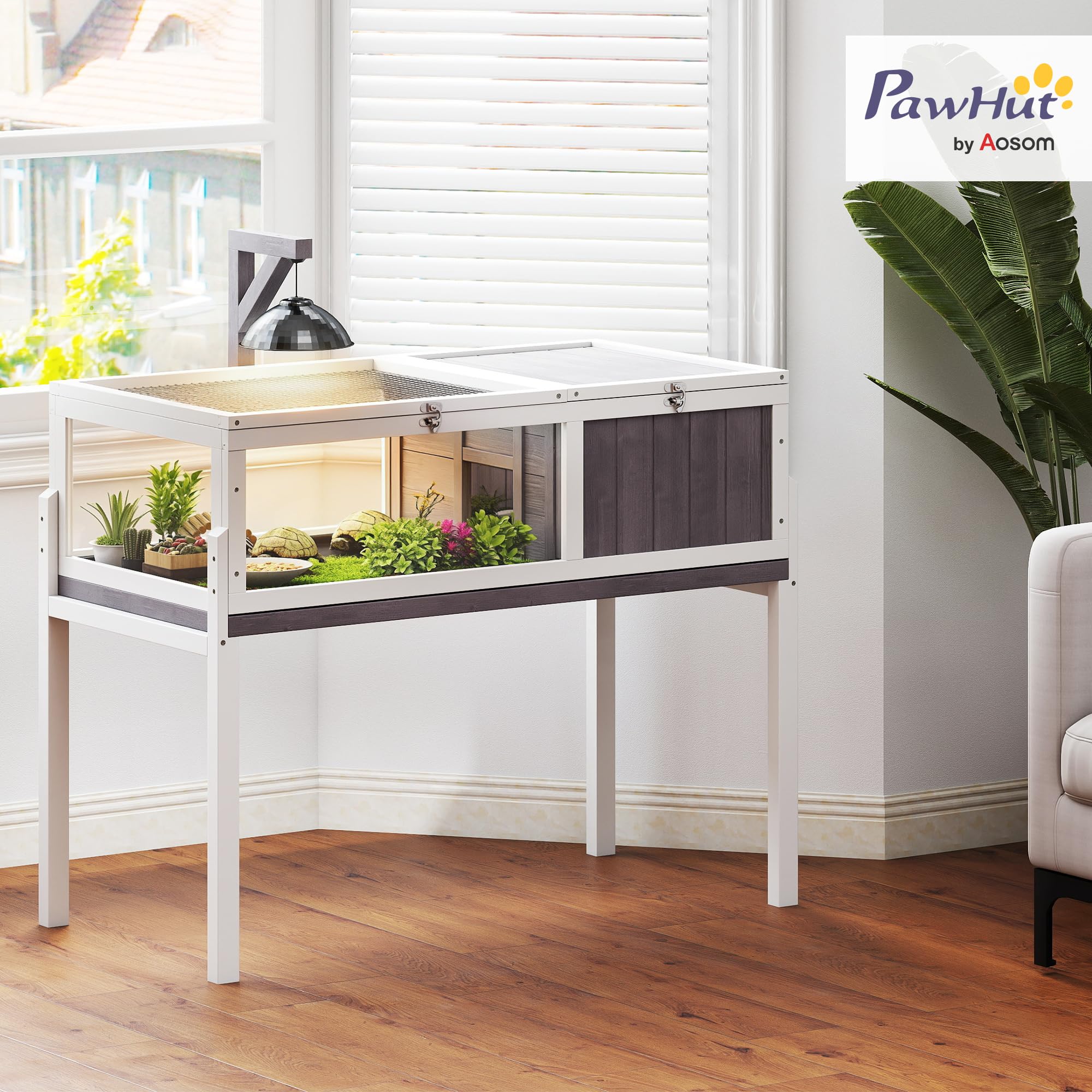 PawHut Casa para Tortugas de Madera, Terrario para Reptiles con 2 Techos Abatibles, Bandeja Extraíble, Soporte para Lámpara, Paneles Transparentes, Pestillo de Seguridad y Cuenco