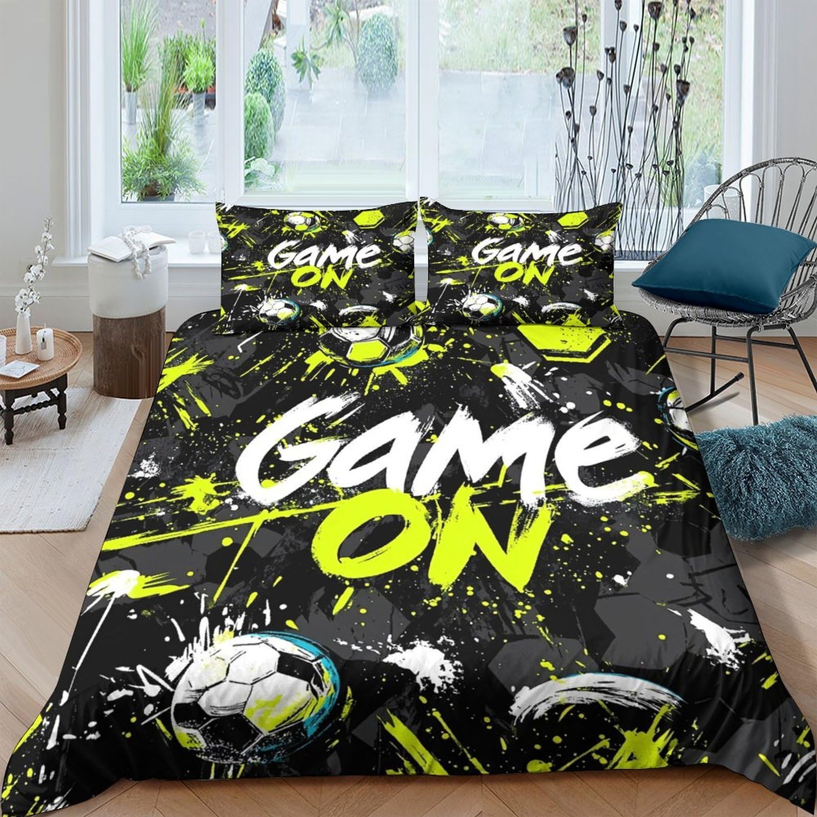 TUFRTGYHN 3D Printed Football Graffiti Duvet Cover Set Microfiber Soft Breathable Soccer Game Bedding with 2 Pillowcases for Bedroom Decor Single（135x200cm）