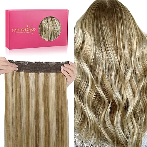 WENNALIFE Wire Hair Extensions, 14 inch 75g Ash Brown Highlighted Golden Blonde Remy Hair Extensions Invisible Transparent Wire Fish Line Hair Extensions Straight Real Human Hair Extensions
