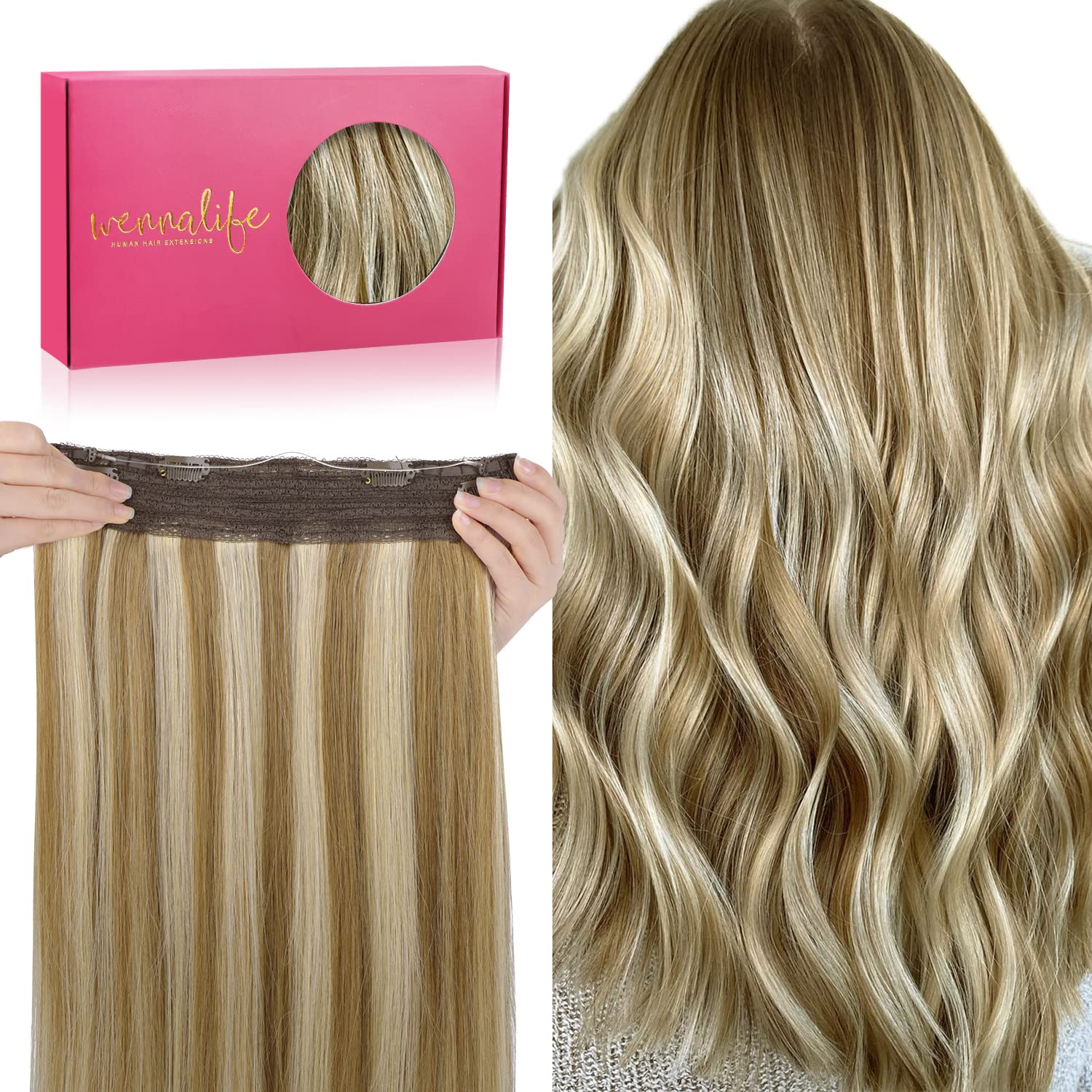 WENNALIFE Wire Hair Extensions (Increase 50% Lifespan) Real Human Hair 14 inch 75g Ash Brown with Platinum Blonde Highlights Remy Wire Hair Extensions
