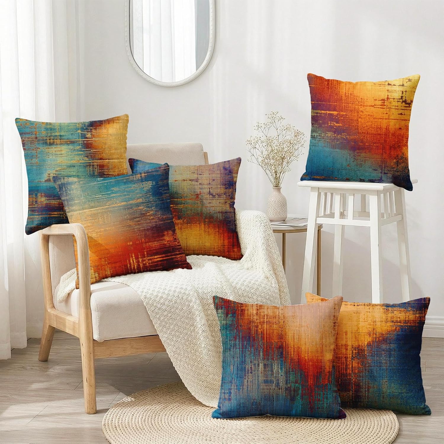 Emvency Throw Pillow Covers 18x18 Set of 6, Abstract Colorful Rustic Soft Decorative Cushion Cases with Double Sided Print, Vintage Square Pillowcases for Sofa Couch Bed Living Room Home Decor