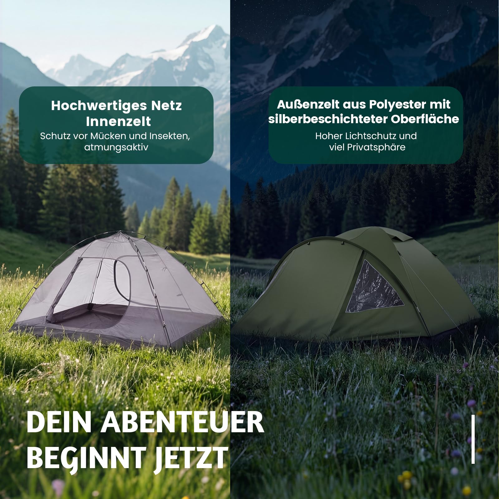 Camping Zelt 4 Personen mit Vorzelt Familienzelt Wasserdicht PU4000 UV-Schutz, Ultraleicht Campingzelt doppelwandig Vorraum Kuppelzelt mit Lüftungshutzen, Moskitonetz für Outdoor, Reise, Angeln