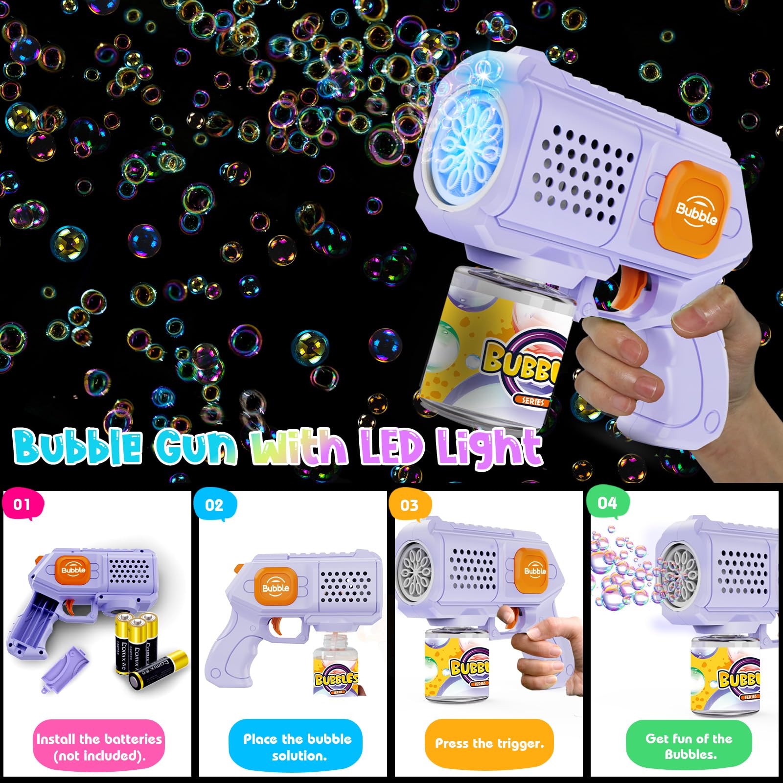 2 Pièces Pistolet à Bulles Automatique – 8000+ Bulles/Min Via 10 Trous, Anti-Fuite 360°, Portable avec Lumières LED – Machine à Bulles pour Enfant – Anniversaire/Mariage/Fête/Cadeau