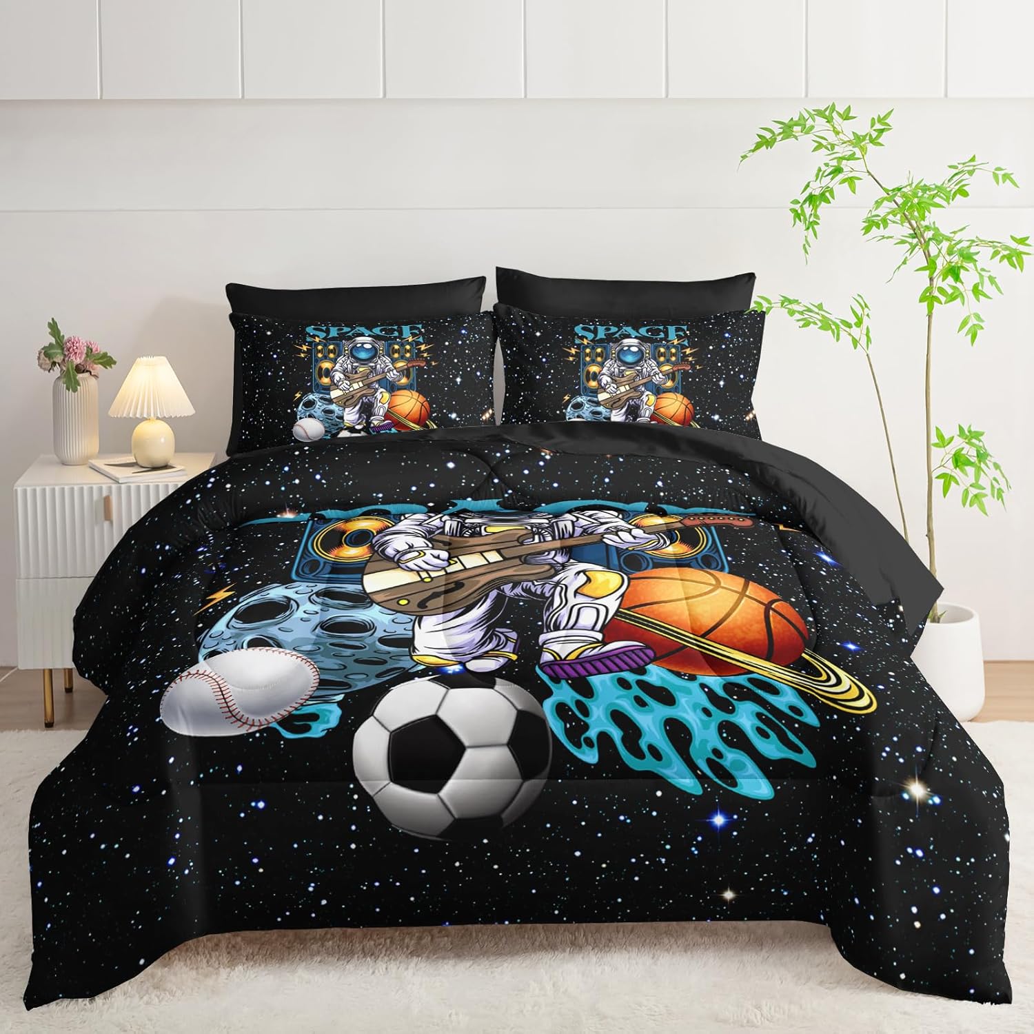 AILONEN Astronaut Comforter Set Full 7-Piece Outer Space Galaxy Bed in a Bag,Guitar Astronaut Bedding Set for Kids Boys,Soft Comforter & Fitted Sheet & Flat Sheet,2 Pillowcases,2 Pillow Shams