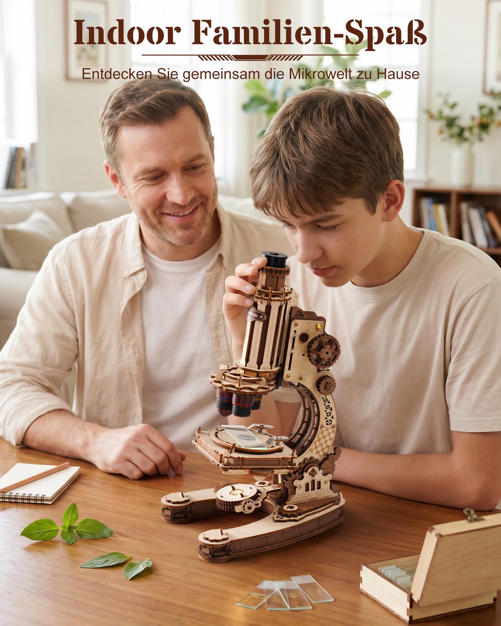 ROKR 3D-Holzpuzzle, mechanisches Modellbauset, echtes funktionierendes Mikroskop mit 400-facher Vergrößerung & LED-Licht, Vintage, wissenschaftliche Schreibtischdekoration, STEM-Geschenk für Frauen