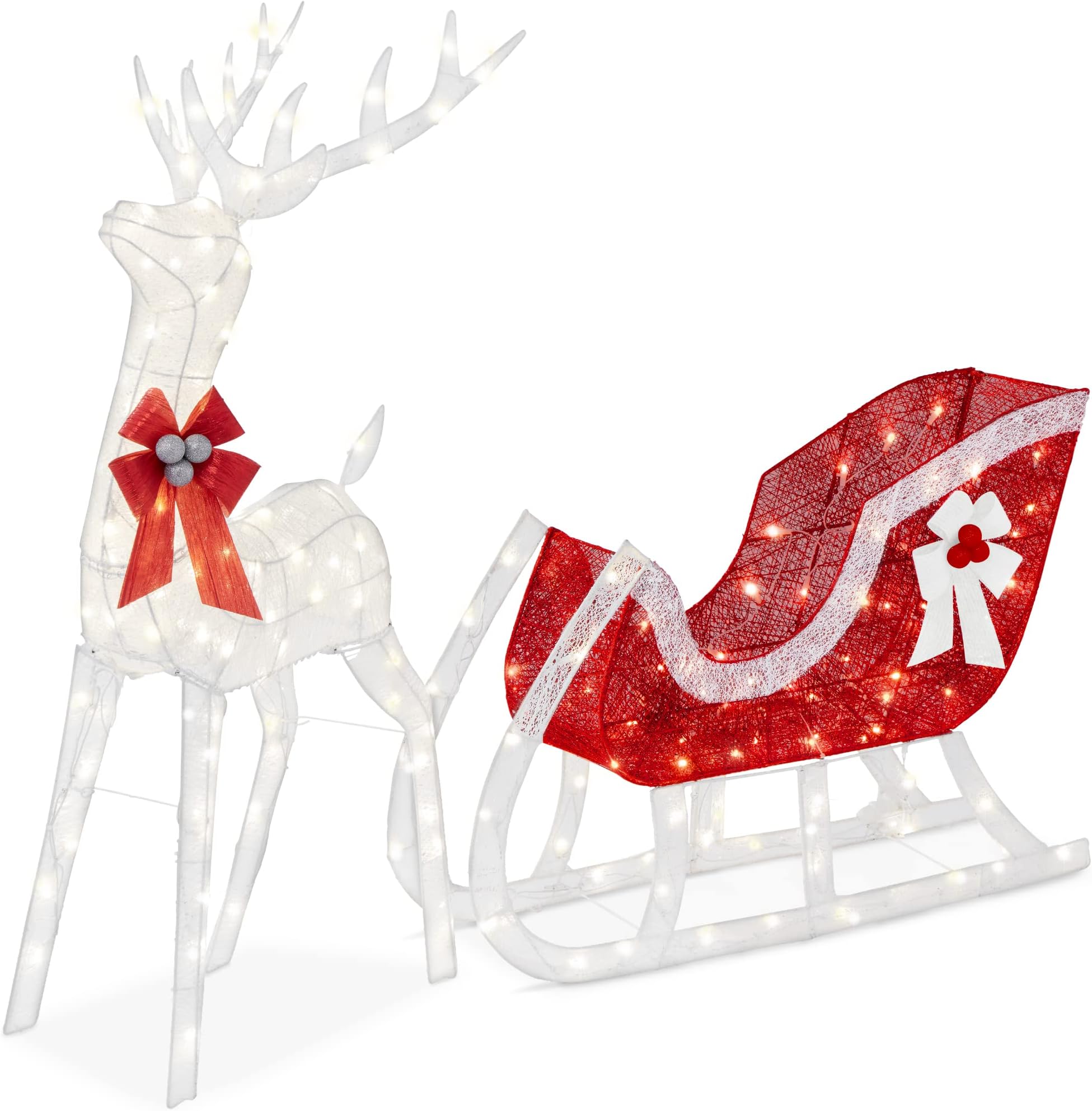 Lighted Christmas 4ft Reindeer & Sleigh Holiday Outdoor Yard Decoration Set w/ 205 LED Lights, Stakes, Zip Ties - White