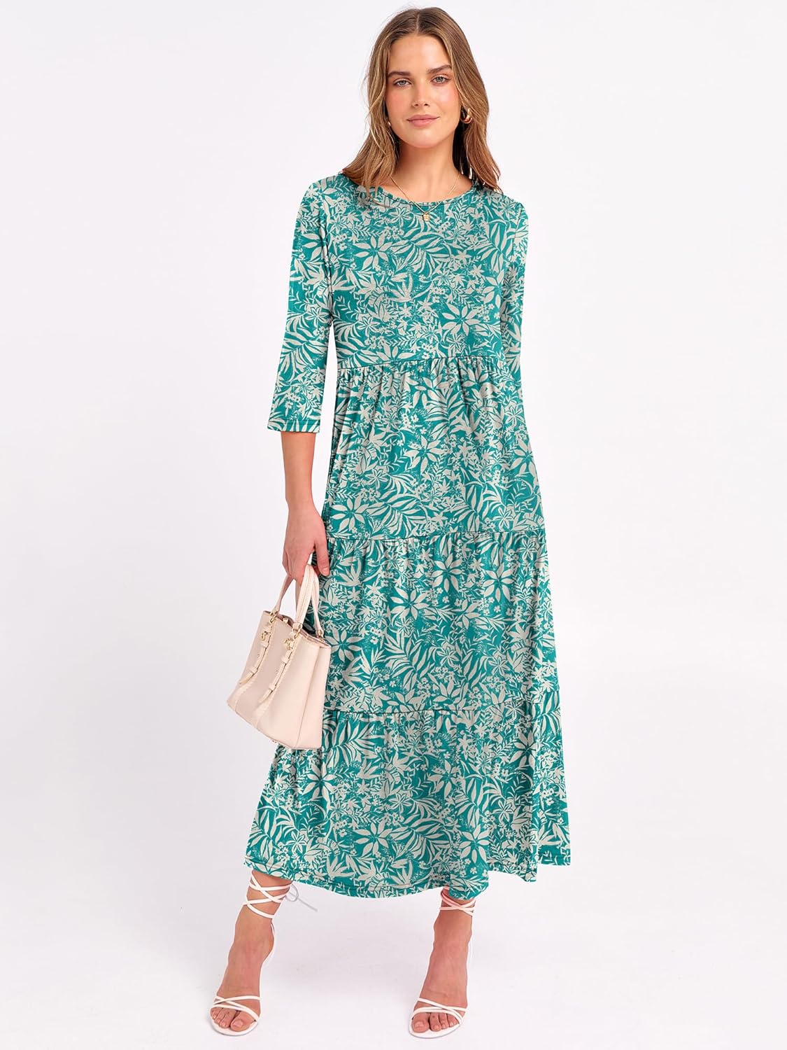 Prinbara Womens 3/4 Sleeve Casual Maxi Floral Dresses 2026 Spring Crewneck A-line Tiered Flowy Summer Boho T Shirt Long Dress - Image 3