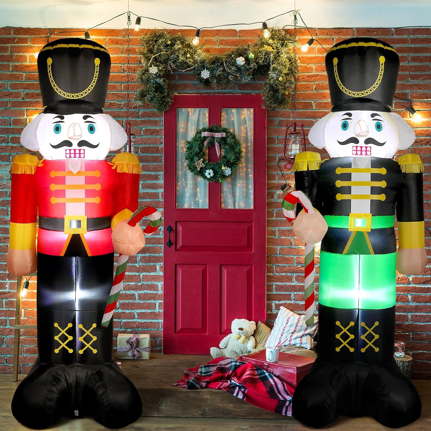 Bencailor 2 Pcs Inflatables Nutcracker Soldier Blow up Soldier Yard Decorations Built in LED Lights Outdoor Nutcracker for Party Holiday Indoor(Black,Red)