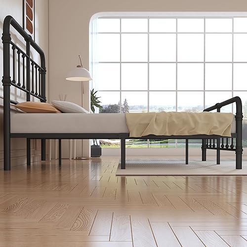 Miniatura 10 de Marco de cama individual con plataforma de metal y cabecero de estilo vintage, tamaño individual con espacio de almacenamiento debajo del marco, 14