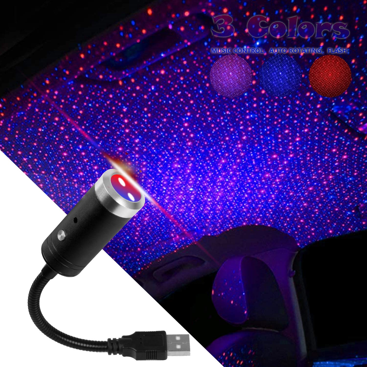 Car Roof Star Light Projector Auto Rotating Music Control, 3Colors & 9 Lighting Modes, Adjustable Romantic Galaxy Projector Plug and Play USB Star Light Decor for Car Bedroom Party Ceiling (Blue&Red)