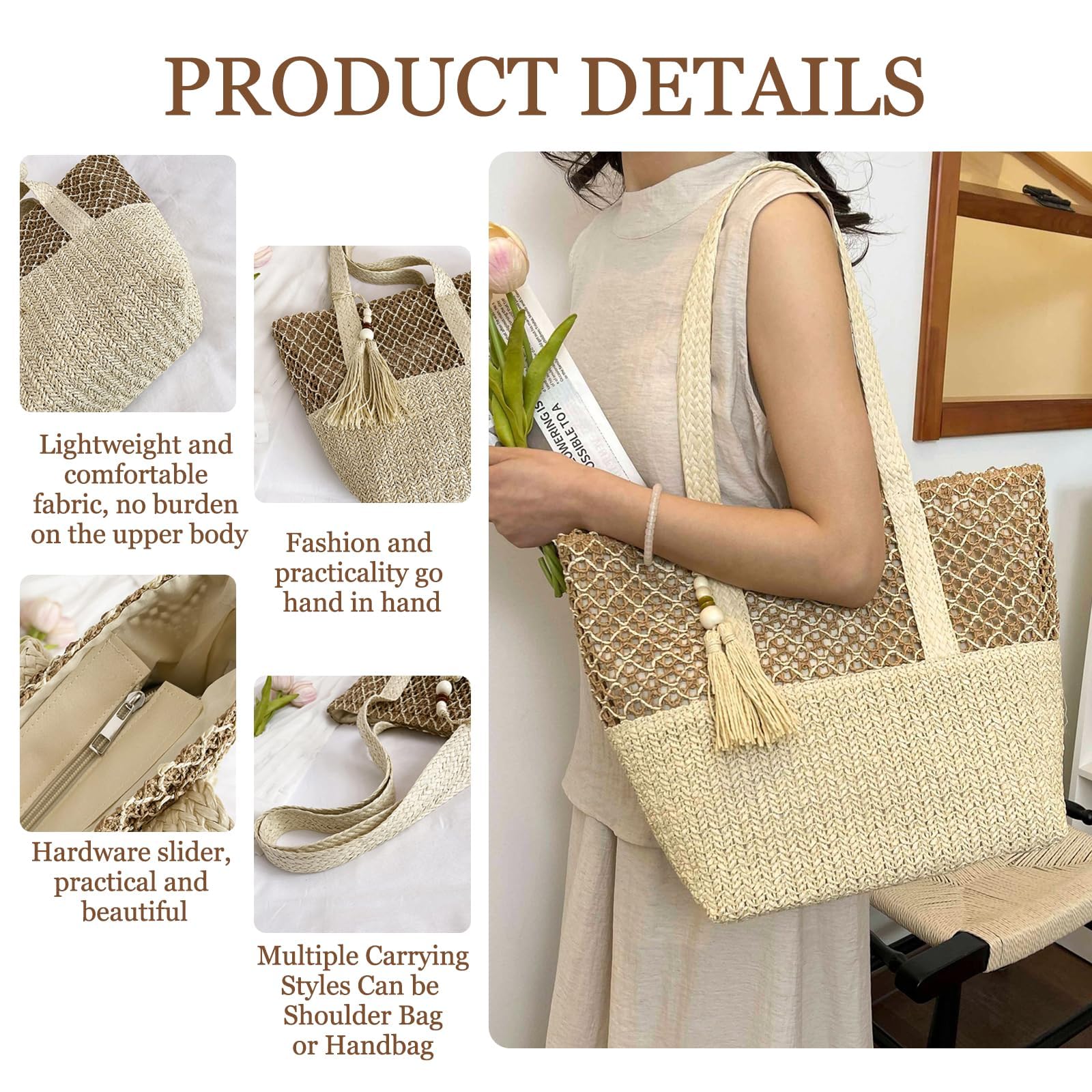 Borsa di Paglia Donna, Borsa Estiva Donna Paglia, Borsas a Tracolla a Maglia per l'Estate, Borsas da Spiaggia per Vacanze Boho, Borse da Mare per Viaggi in Spiaggia & Shopping Tutti Giorni