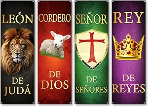 4 pancartas para iglesia en español, pancartas para santuario en español, pancartas de fondo para iglesia con escrituras, pancarta de León de Judá, Cordero de Dios, Señor de los Señores, letreros religiosos colgantes para decoración de iglesias