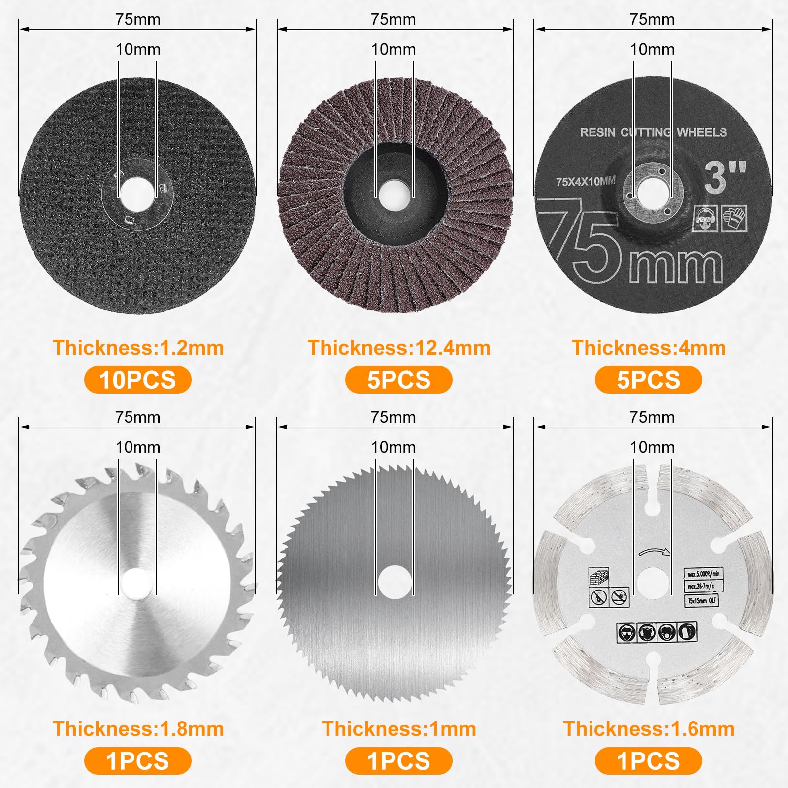 23 Pièces Disque Meuleuse & Disques à Lamelles 75mm, Accessoires Meuleuse Ø10mm, Disques Métal, Bois, Plastique, Diamant, Lame Circulaire Carbure pour Mini Meuleuses D'angle Sans Fi