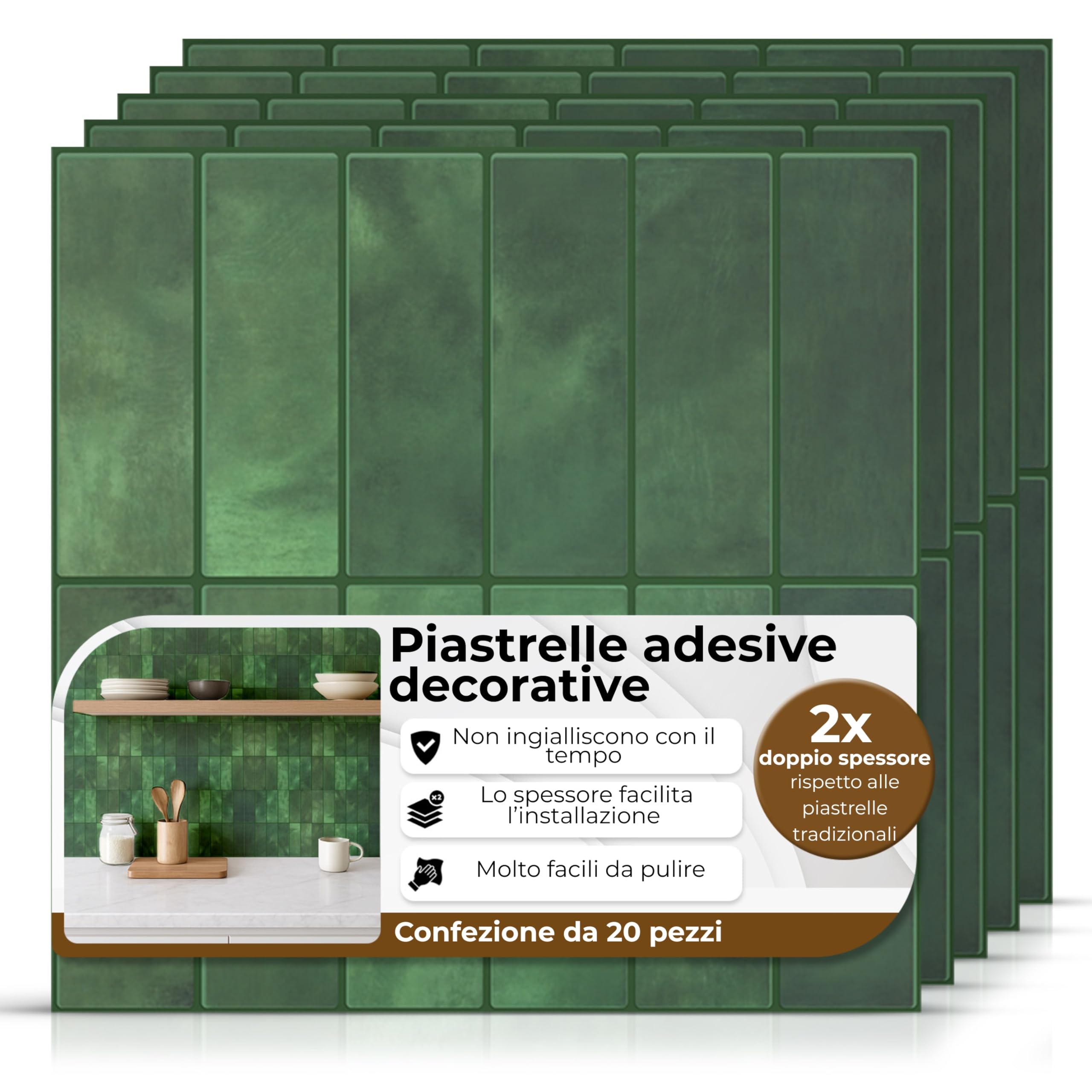 AMARA DECO – 20 Piastrelle Adesive Cucina e Bagno 30x30cm. Mattonelle Adesive da Parete con Effetto Piastrelle 3D, Impermeabili, Resistenti al Calore e Facili da Pulire(Rettangolari) (20, Verde)