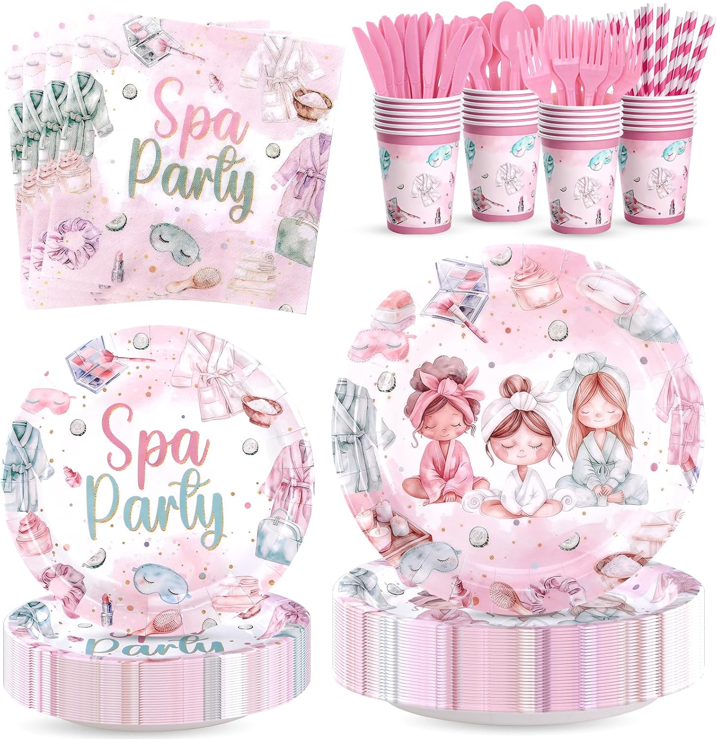 192 Pcs Girl Spa Party Supplies for 24 Guests – All-in-One Biodegradable Spa Party Plates and Napkins Set for Birthday Decorations, Sleepover, Princess & Makeup Theme Parties