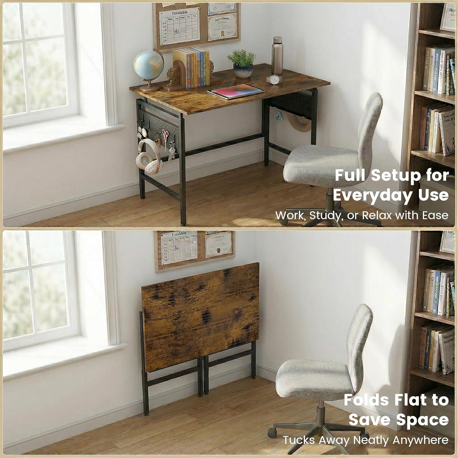 Hadulcet 31'' Foldable Computer Desk, Small Desk with Movable Pegboard Panels, Folding Desk with Storage, Portable Computer Desk for Study Room & Office & RV, for Small Spaces, Rustic Brown