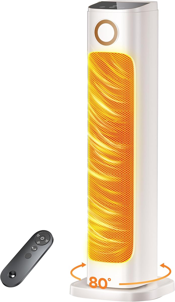 AIRTHRYL 25" Space Heater Indoor, 1500W Instant Heat, Heater Fan Combo, 15H Timer, Portable Room Heater with Remote, Tip-Over & Overheat Protection, Widespread Oscillation, Living Room, White