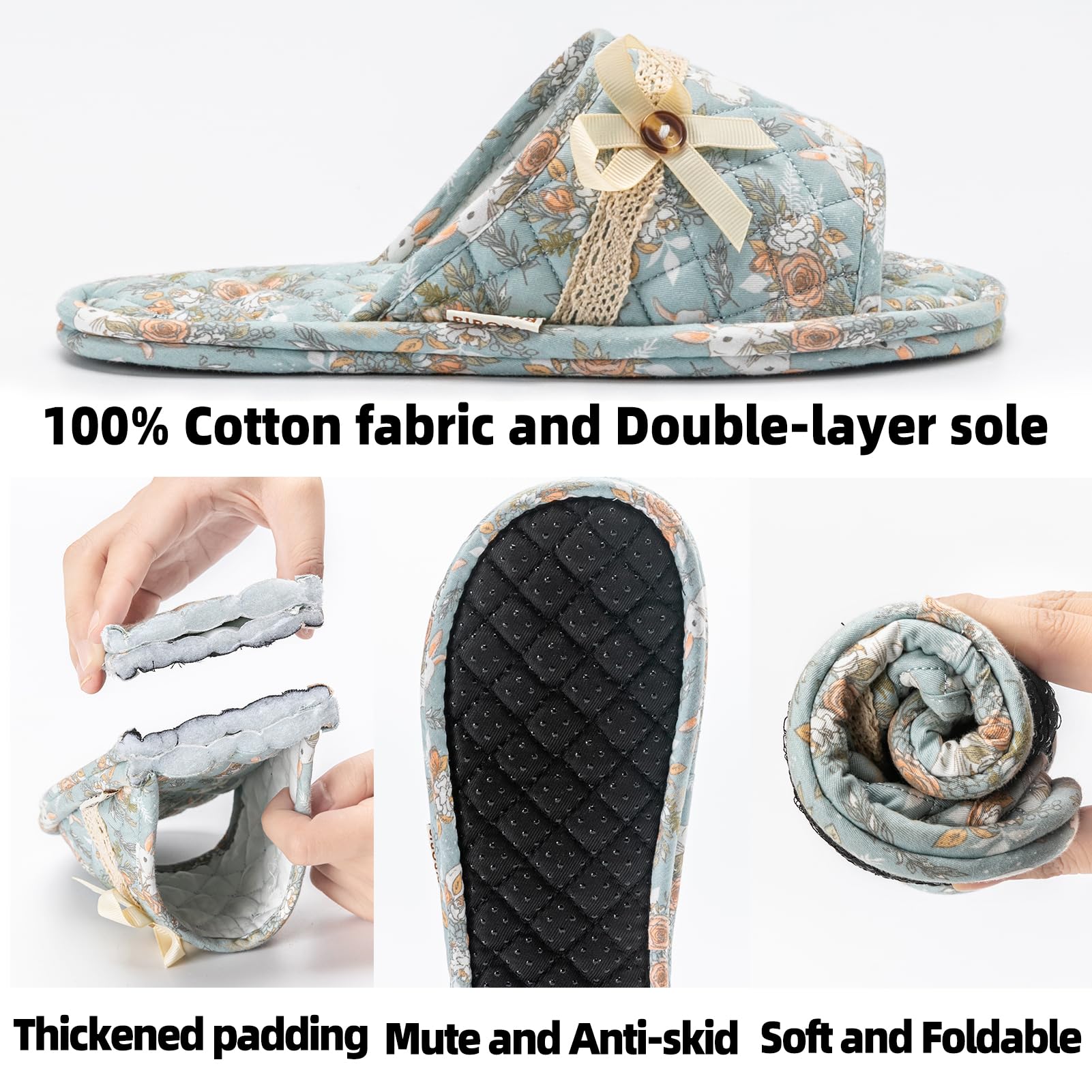 3 Paar Hausschuhe aus Baumwolle mit Blumenmuster für Damen, offener Zehenbereich, bequem, waschbar, tragbar, faltbar, für Gäste, Reisen, Hotel, Flugzeug, Spa