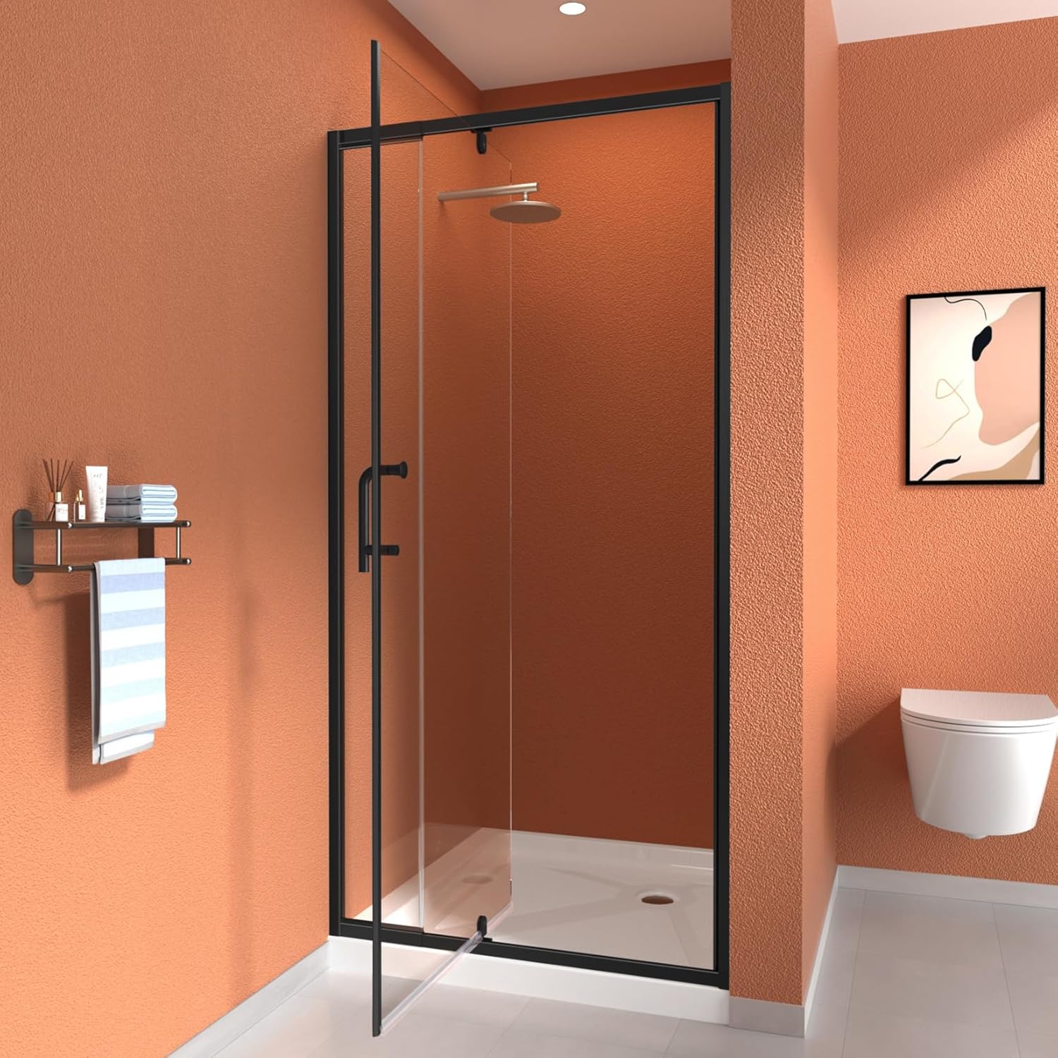 A CKB semi-frameless pivot shower door in a matte black finish, installed in a modern bathroom with orange walls. The door is partially open, demonstrating its pivot mechanism.