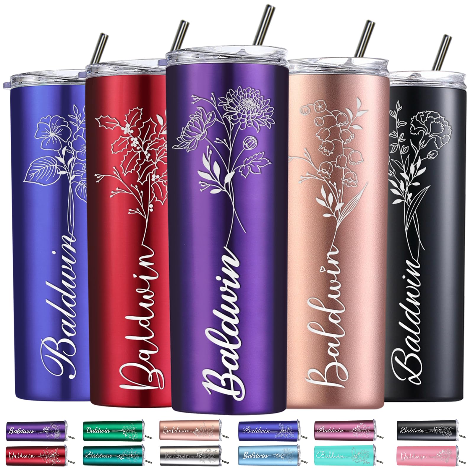 Personalized Gifts for Women Custom Tumbler Engraved with Birth Flower 20 Oz Customized Name Skinny Tumbler with Lids and Straws Stainless Steel