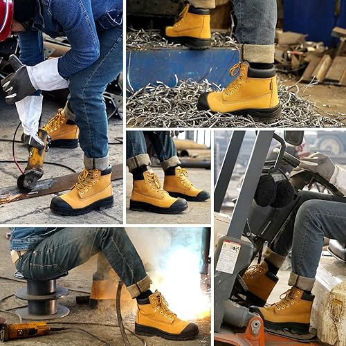 Miniatura 5 de Botas de trabajo con punta de acero para hombre, impermeables, de cuero aceitado de grano completo de 6 pulgadas, antideslizantes, a prueba de
